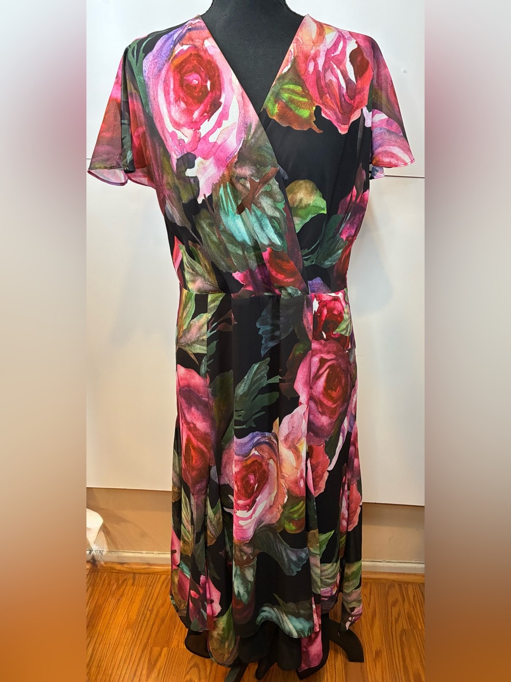 Soft Surroundings Floral Faux Wrap High Low Handkerchief Hem Dress Medium